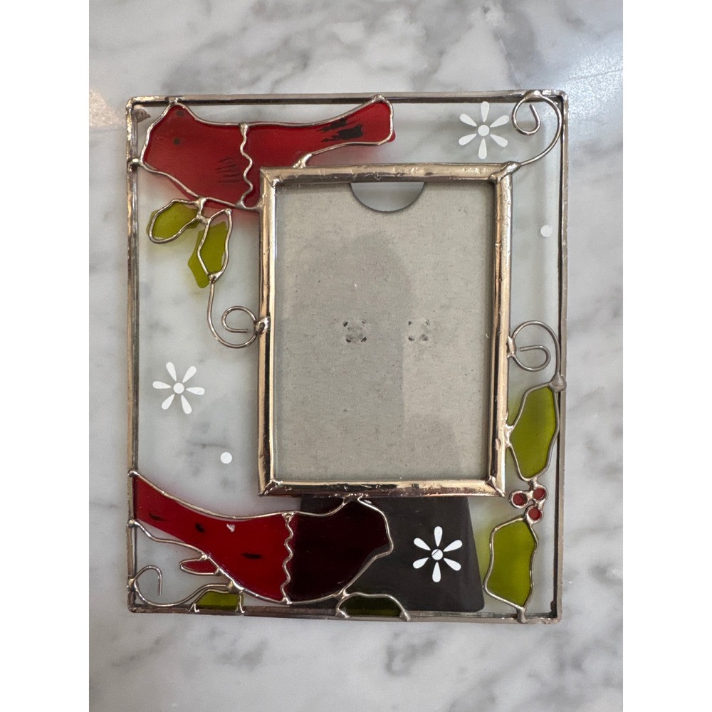 Greenbrier International Stained Glass Cardinal Picture Frame Red Bird Holly 2x3